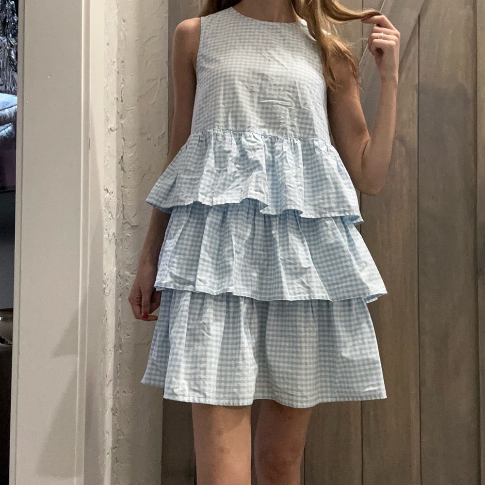 Blue Gingham Tiered Dress